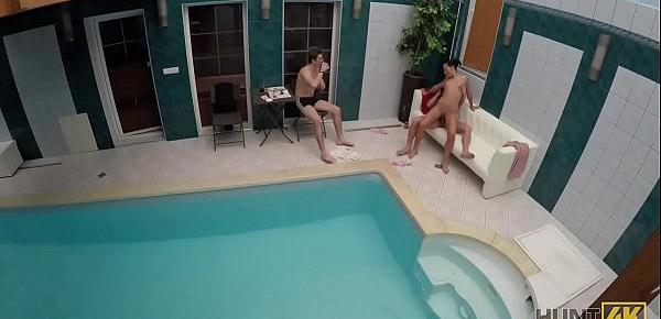  HUNT4K. Young bad bitch sucks dick and gets banged by the poolside